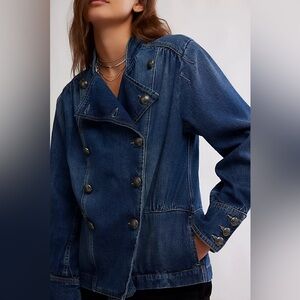 New We The Free Free People Imogene Blue Denim Officer Military Jacket sz M